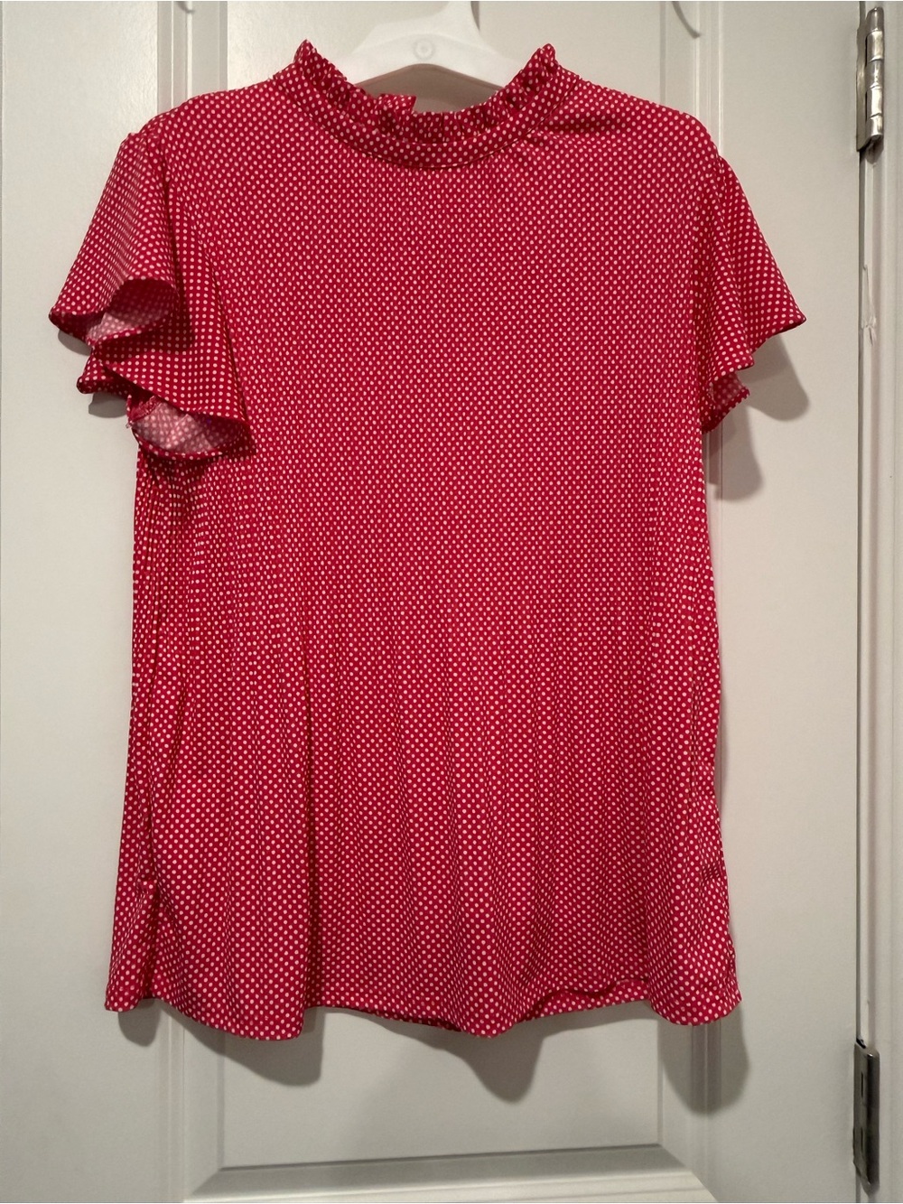 Adrianna Papell Pink Polka Dot Ruffle Mock Neck Blouse